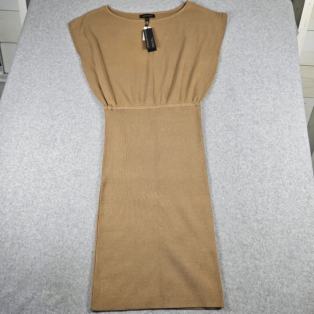 Banana Republic SS Dolman Wedge Sweater Dress Tan Camel Ribbed Midi Small NWT